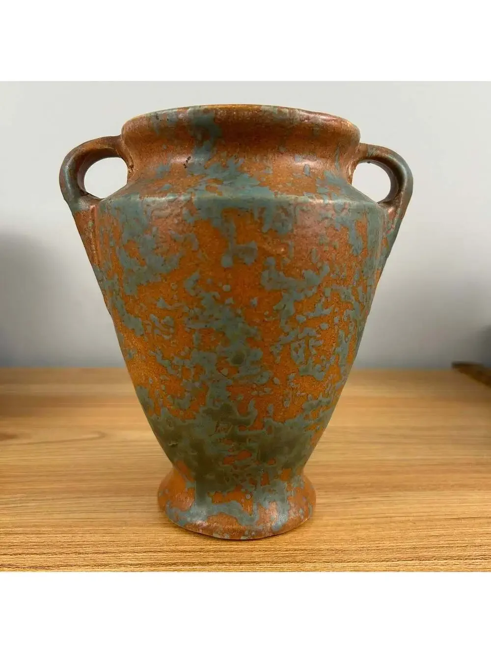 Burley WInter 1930s Vintage Art Pottery Mottled Green and Orange Handled Vase 45